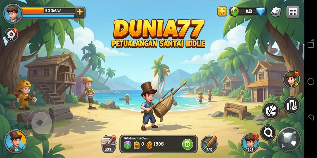 Screenshot DUNIA77 menunjukkan gameplay Idle yang menarik dan menawan.