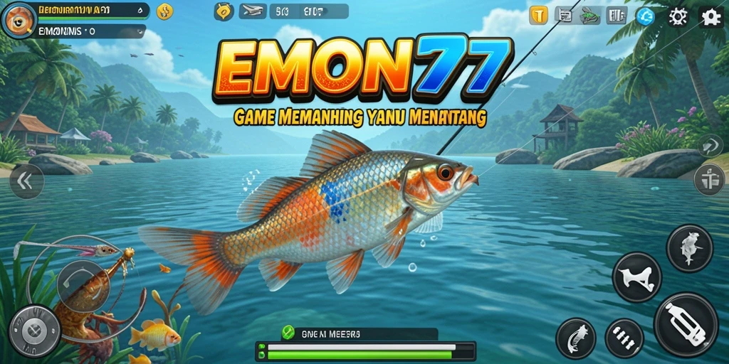 Tangkapan besar dalam gameplay <strong>EMON77</strong> yang menampilkan pengalaman Fishing.