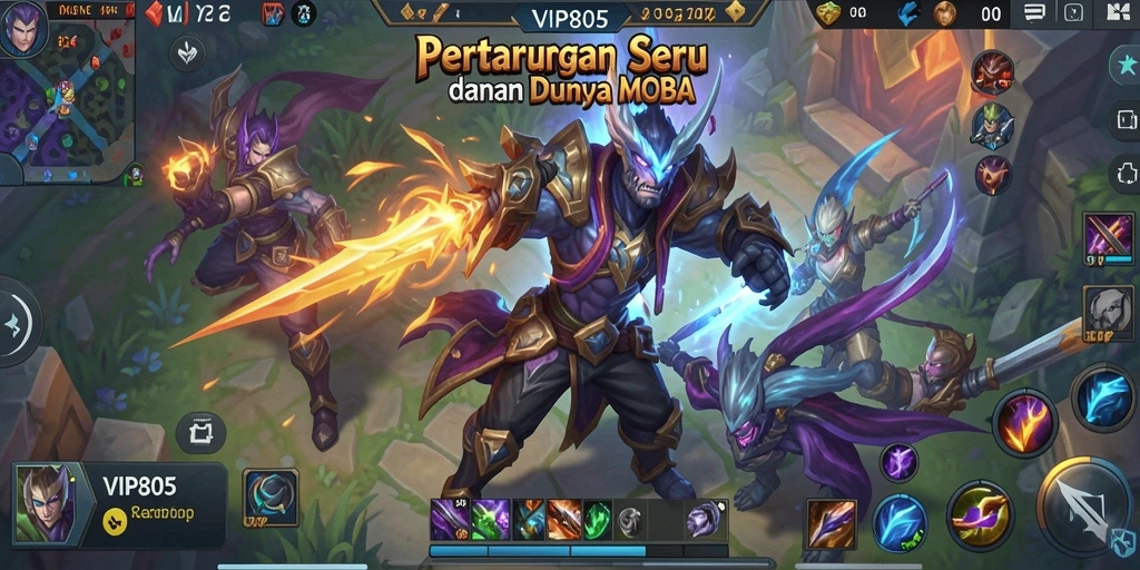 Tangkapan layar gameplay MOBA dengan aksi seru dan karakter unik.